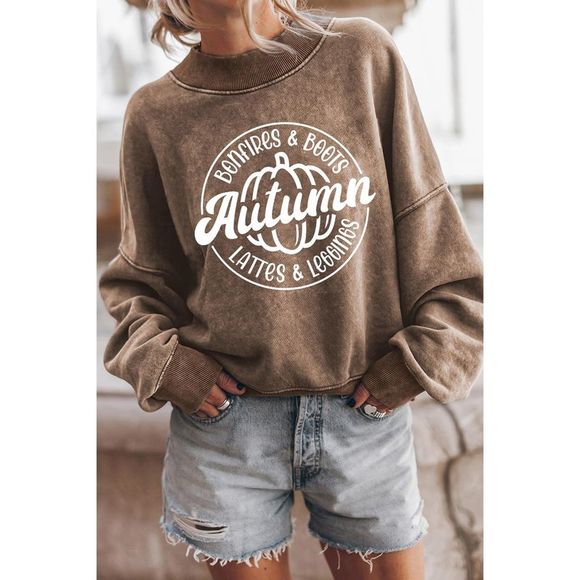 Azura Exchange  Brown Autumn Pumpkin Print Loose Drop Shoulder Sweatshirt - Picture 4 of 5